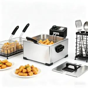 3PCS Family Commercial Stainless Steel Deep Fryer, 5L Large Capacity 1400W 110V with View Window, Triple Baskets Countertop Frying Machine, Ideal for Home Kitchen Restaurant Making Fried Chicken French Fries Donuts Assorted Snacks
