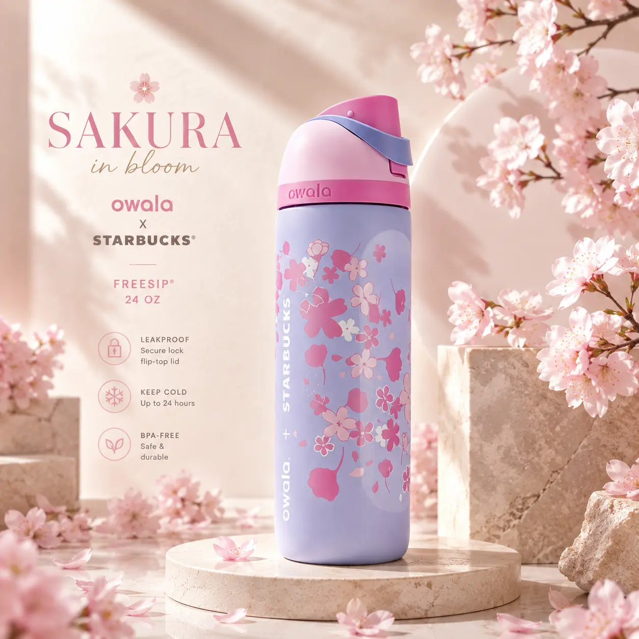 Starbucks x Owala Bloom Cherry FreeSip 24oz Insulated Stainless Steel Water Bottle | Leakproof BPA-Free Travel Tumbler with Straw