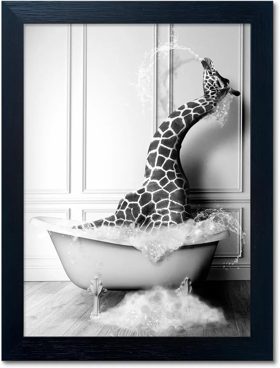 [Unframed] Black and White Bathroom Wall Decor Funny Giraffe in Bathtub,  Decor Farmhouse Animal  Wall Art Bathroom Artwork