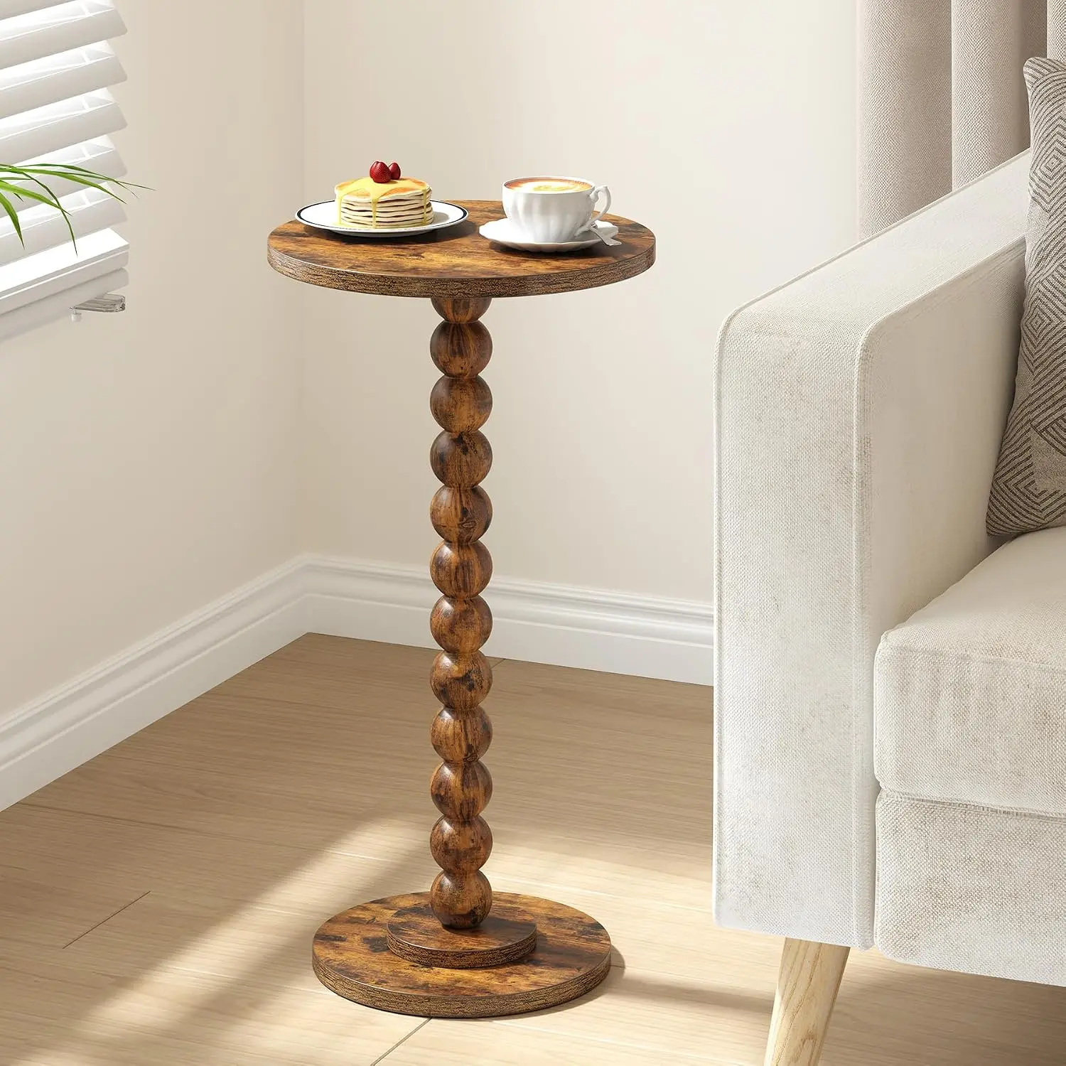 TUTOTAK Compact Round Top Side Table, Small Solid Wood Leg Drink End Pedestal Table | Modern Accent Nightstand for Small Spaces, Living Room, Bedroom, Brown TB01BB003