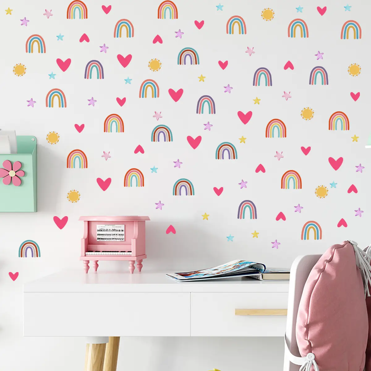 Set of Four Rainbow Heart Wall Stickers, Self-Adhesive PVC Waterproof Decorative Decals, Fun DIY Cartoon Room Decoration for Kids, Decoration Items, Home Decor
