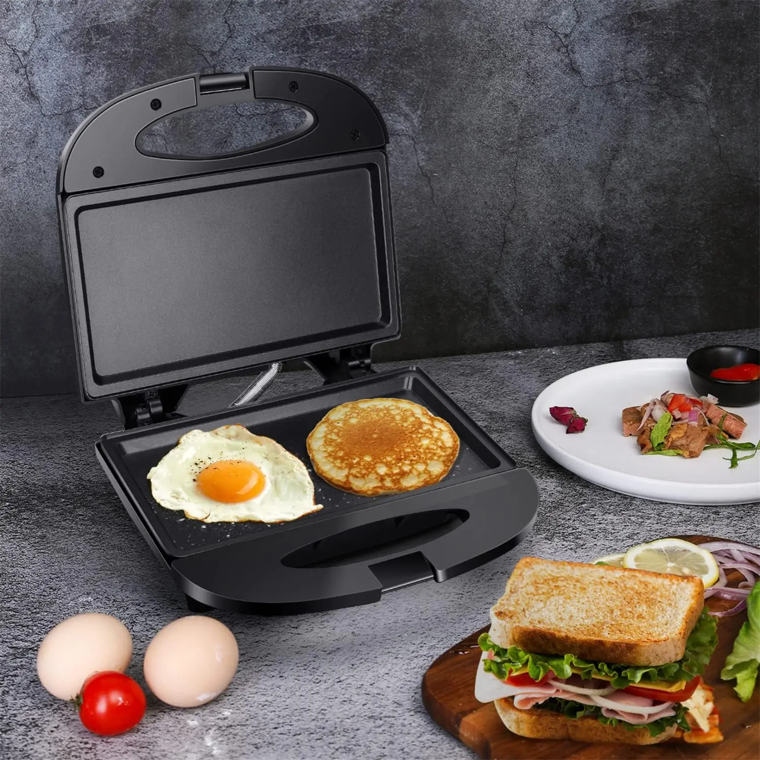 ETL Certified Compact Toastie Machine, 8.9x5x0.4in Nonstick Deep Grid Electric Tabletop Griddle for Egg, Ham, Easy-Clean Black Kitchen Sandwich Toaster