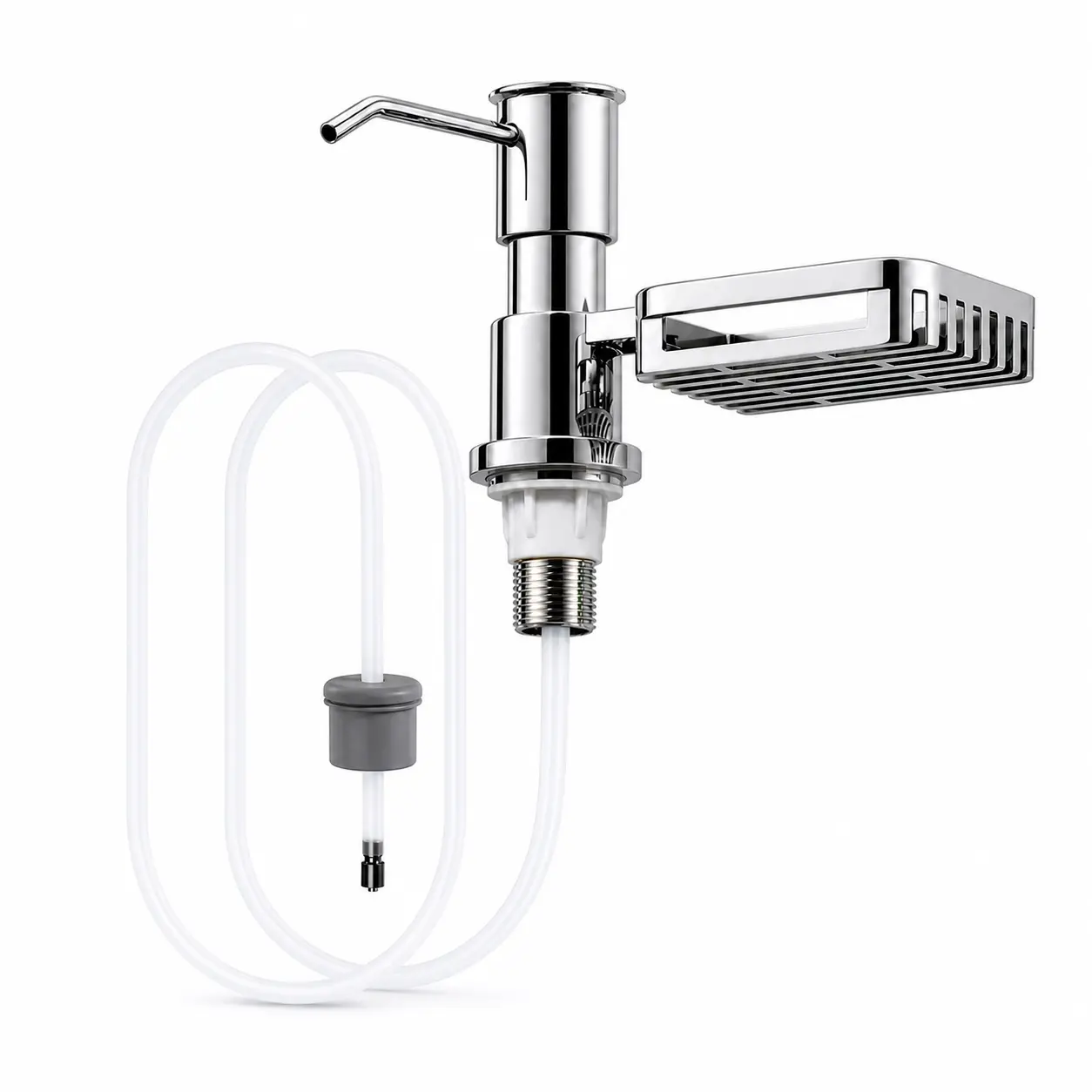 TioLooxy 304 Stainless Steel Kitchen Sink Soap Dispenser with Sponge Holder, Built-in Countertop Dish Soap Pump with Extension Tube for Kitchen Sink