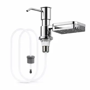 TioLooxy 304 Stainless Steel Kitchen Sink Soap Dispenser with Sponge Holder, Built-in Countertop Dish Soap Pump with Extension Tube for Kitchen Sink