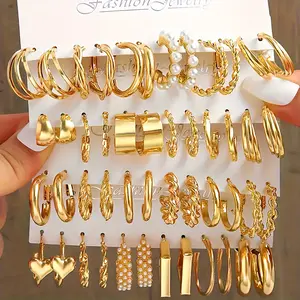40 Pairs Gold Hoop Earrings Set for Women, 18K Gold Plated Mixed Styles Chunky Twisted Pearl Heart Huggie Hoops, Hypoallergenic Tarnish Resistant Stackable Daily Party Date Fashion Jewelry