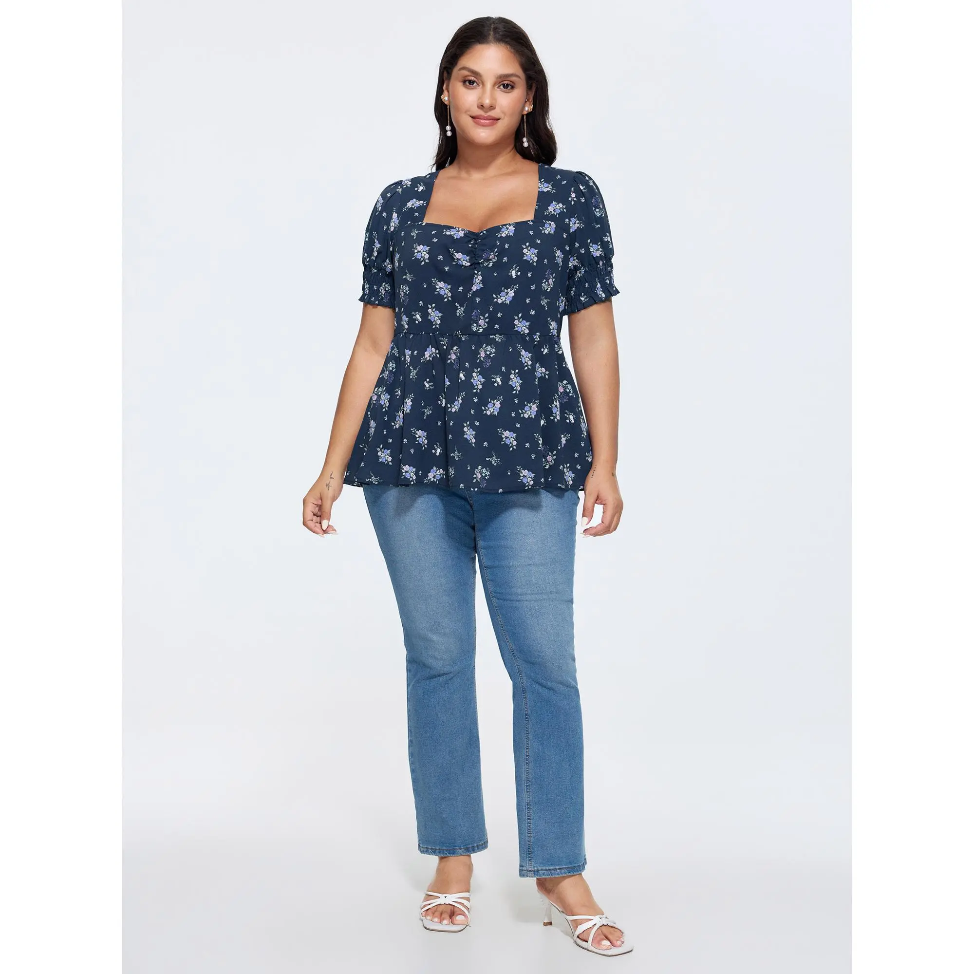 BloomChic Women's Plus Size Ditsy Floral Mini Crop Blouse - Timeless Smooth Polyester Shirt for Chic Curves, Backless Bowknot, Cuffed Short Sleeves, Comfy Casual, Machine Washable, Sizes 14-16/1X