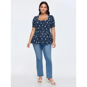 BLOOMCHIC Lady's Plus Size Fitted Floral Print Ruched Fit-and-Flare Short-Sleeve Blouse [M-6X] - 2026 Summer Vibes Swimweek Smooth Garment