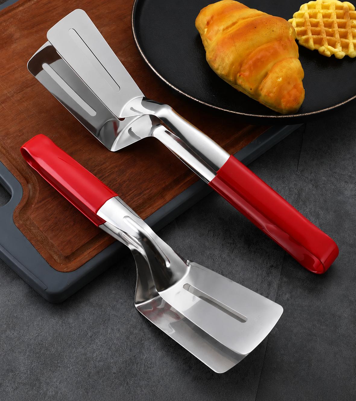 Multi-Functional Stainless Steel Steak Spatula Clamp, Kitchen Cooking Tongs for Fried Steak, Grill & Frying Pan Use
