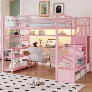 Full Size Loft Bed with Desk, Storage, Staircase and Wardrobe, Heavy-Duty Metal Loft Bed Frame with LED Lights and Charge Station, Noise Free, For Kids Teens Adults,Pink