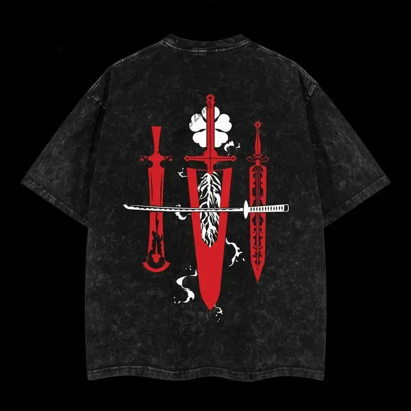 Men's Unisex Oversize Acid Washed Graphic Print 100% Cotton T-Shirt - Garment Dyed Casual Short Sleeve Summer Top (Black Clover Asta Design), Tshirt, Fabric, Tee, Round Neck, Oversized Cut, Pre-Shrunken