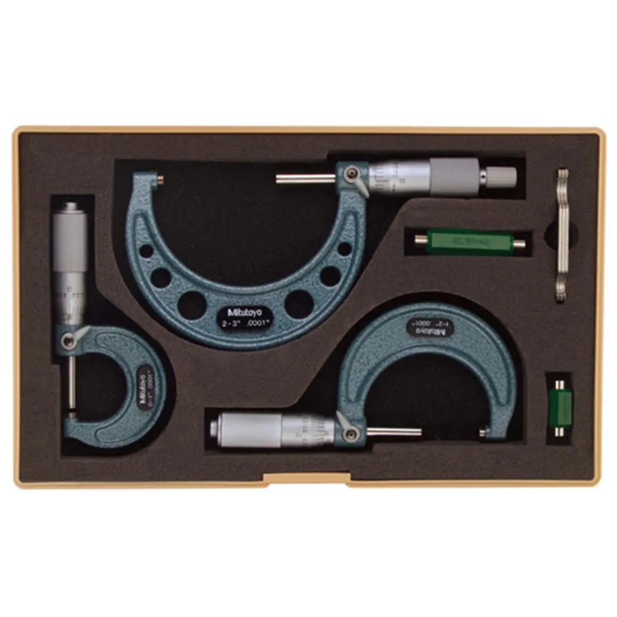 Mitutoyo 103-922 Mechanical Outside Micrometer Hand Measuring Tool Set - 0-3 in. Range, 3 Micrometers, 2 Standards, Baked Enamel, Carbide Tipped Faces,.0001" Grad., Hammertone Finish