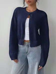 Women's Y2K Style Knit Sweater, Elegant Long Sleeve Button Front, Casual All-Season Outerwear, Comfortable Daily Wear, Chic Office Look