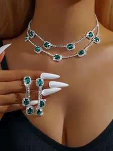 Women's Elegant Emerald Artificial Zircon Decorated Fashion Jewelry Set, Exquisite Trendy Necklace & Earrings, Chic Jewelry Set for Party & Daily Clothing Decor