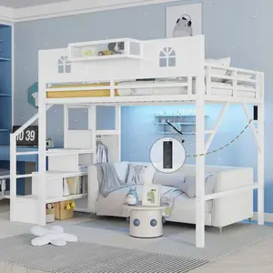 Full Size Metal Loft Bed with Stairs, House-Shaped Guardrails & Wardrobe Storage | High Loft Bed for Kids & Teens – White