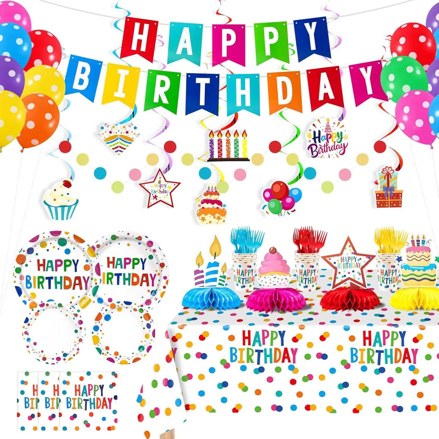 155-Piece Colorful Dots Party Set – Balloons, Plates, Banner, and More for 24 Guests