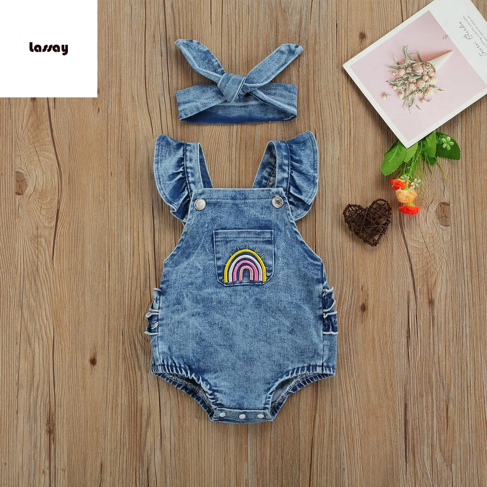 Breathable Baby Girls Outfit, Infant Summer Creative Rainbow Embroidery Fly Sleeve Lace Decoration Denim Romper + Headwear Set