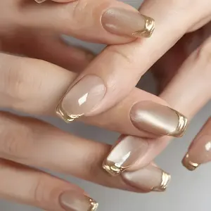 24-Piece Cat Eye French Press-On Nails, Nude Ice Transparent, Detachable, Glossy Fake Nails, for Women, Office, Dating, Business, Casual Wear