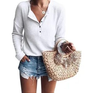 Women's Henley Shirt V-Neck Long Sleeve Button-Down Top Warm Waffle Knit Tee