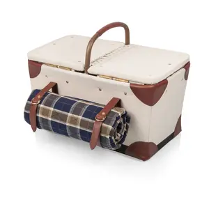 Pioneer Picnic Basket, (Beige Canvas with Navy Blue & Brown Accents)