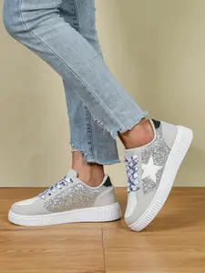 Women's Fashionable Glitter Design Lace Up Sneakers, Casual Comfortable Breathable Sports Shoes, Female All-match Round Toe Skate Shoes for Daily Wear, Girl