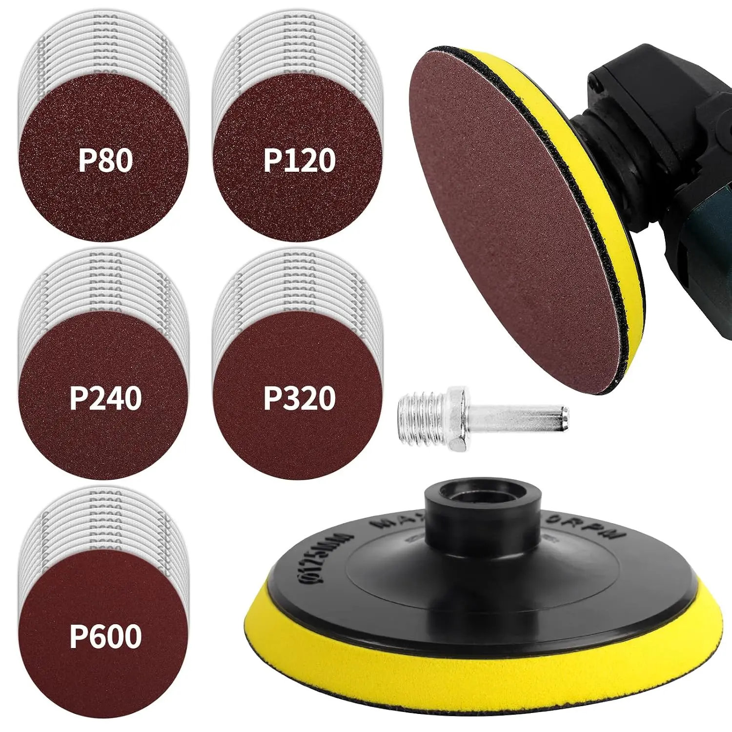 50-Piece 5-Inch Wood Sanding Disc Set for Angle Grinder – Hook & Loop Sanding Pads with 5/8-11 Thread Backing Plate, 80/120/240/320/600 Grit Assortment for Wood Buffing, Polishing & Shaping
