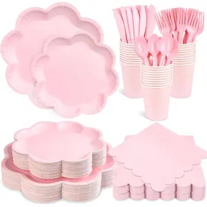 350 Pcs Disposable Pink Tableware Set for 50 Guests - Including Scalloped Paper Plates Napkins Cups Knives Forks Spoons for Baby Shower Wedding Bridal Shower Birthday