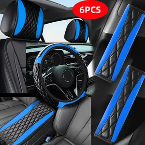 Luxury PU Leather All-in-One 6pcs Car Interior Set - Fit Steering Wheel Cover, Seat Protectors, Seat Belt Covers & Center Console Covers, Ergonomic Design, Universal Car Accessories Set for SUV, Sedan, Truck
