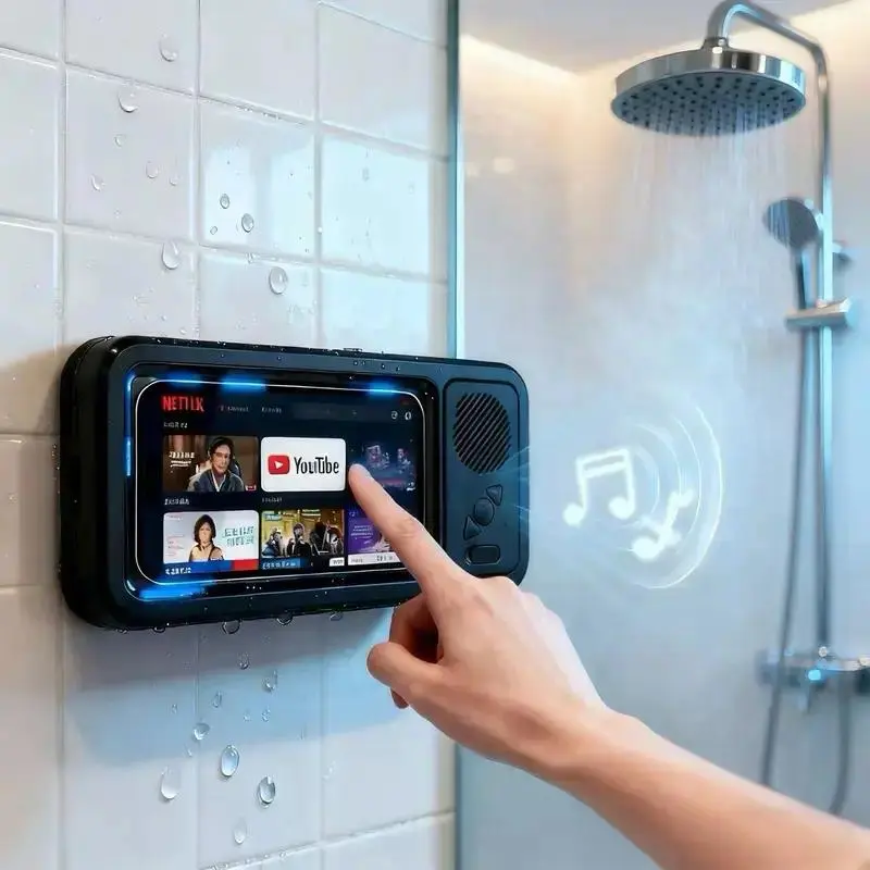 Bathroom shower waterproof phone holder Bluetooth speaker 360°Rotation touch screen mobile phone box watch movie listening music