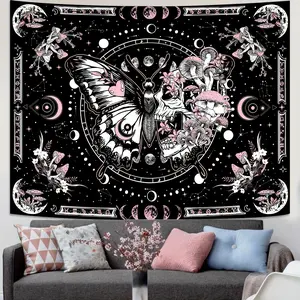 Skeleton Butterfly Tapestry Pink Skeleton Hippie Mushroom Plant Bedroom Tapestry Moon Phase Aesthetic Tapestry Living Room Dormitory Wall Hanging Tapestry Decor (Pink)