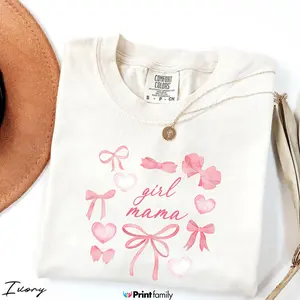 Girl Mama Comfort Colors T-Shirt – Coquette Bow Mama Tee, Cute Pink Heart Graphic Shirt, Soft Feminine Mama Art, Mother’s Day Casual Trendy Gift