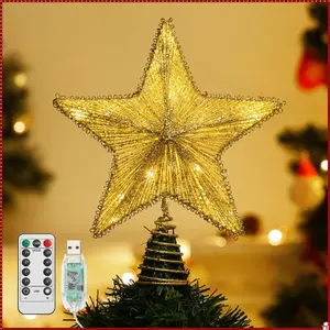 VELVETODS  Christmas Star Tree Topper, USB Powered Remote Controlled 6H Timer Tree Star with Lights and Sequins, Christmas Tree Topper Lighted for Home Holiday Xmas Tree Christmas Decor, Champagne Gold