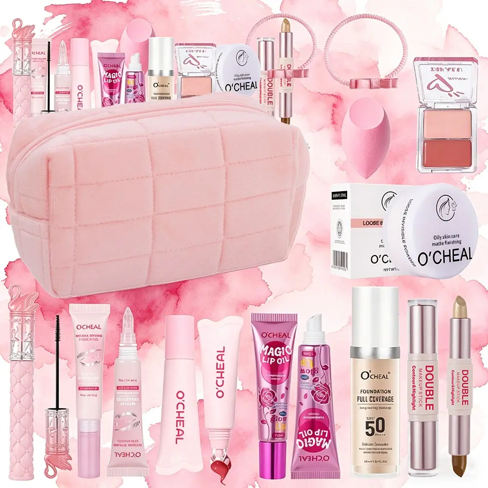 11-Piece Pink Makeup Bundle Box Gift Set, Makeup Sets with Cosmetic Bag, Foundation Mascara Brow Gel Setting Powder Lip Gloss Color-Changing Lip Oil Temperature-Shifting Blush Dual-Ended Contour Stick Beauty Blender, Holiday Beauty Kit for Her