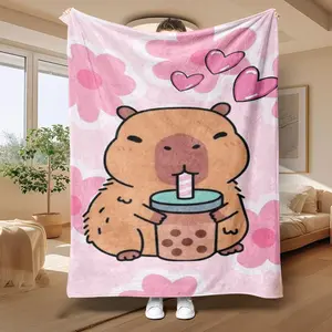 Capybara Drinking Milk Tea Pattern Blanket, Soft Warm Cozy Throw Blanket, Multi-purpose Nap Blanket for Home Office Travel, Heartwarming Blanket Gift