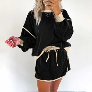Black Color Contrast Loose Pullover and Lace-up Waist Skort Set