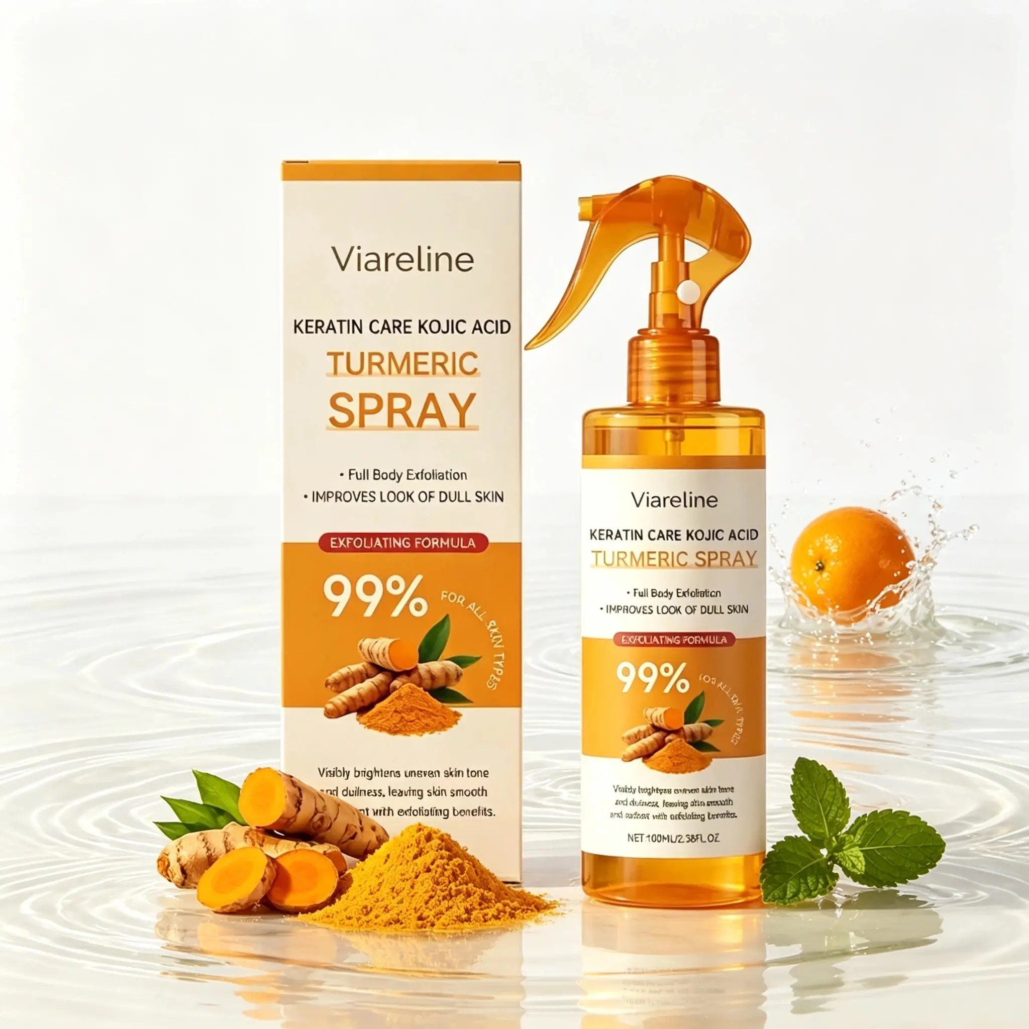 Kojic Acid Turmeric Body Peel Spray (100ml) - Hypoallergenic Daily Body Care Spray with Fresh Mint, Fruit Acid, Vitamin C, Cleansing Exfoliant for Smoothness & All Skin Types