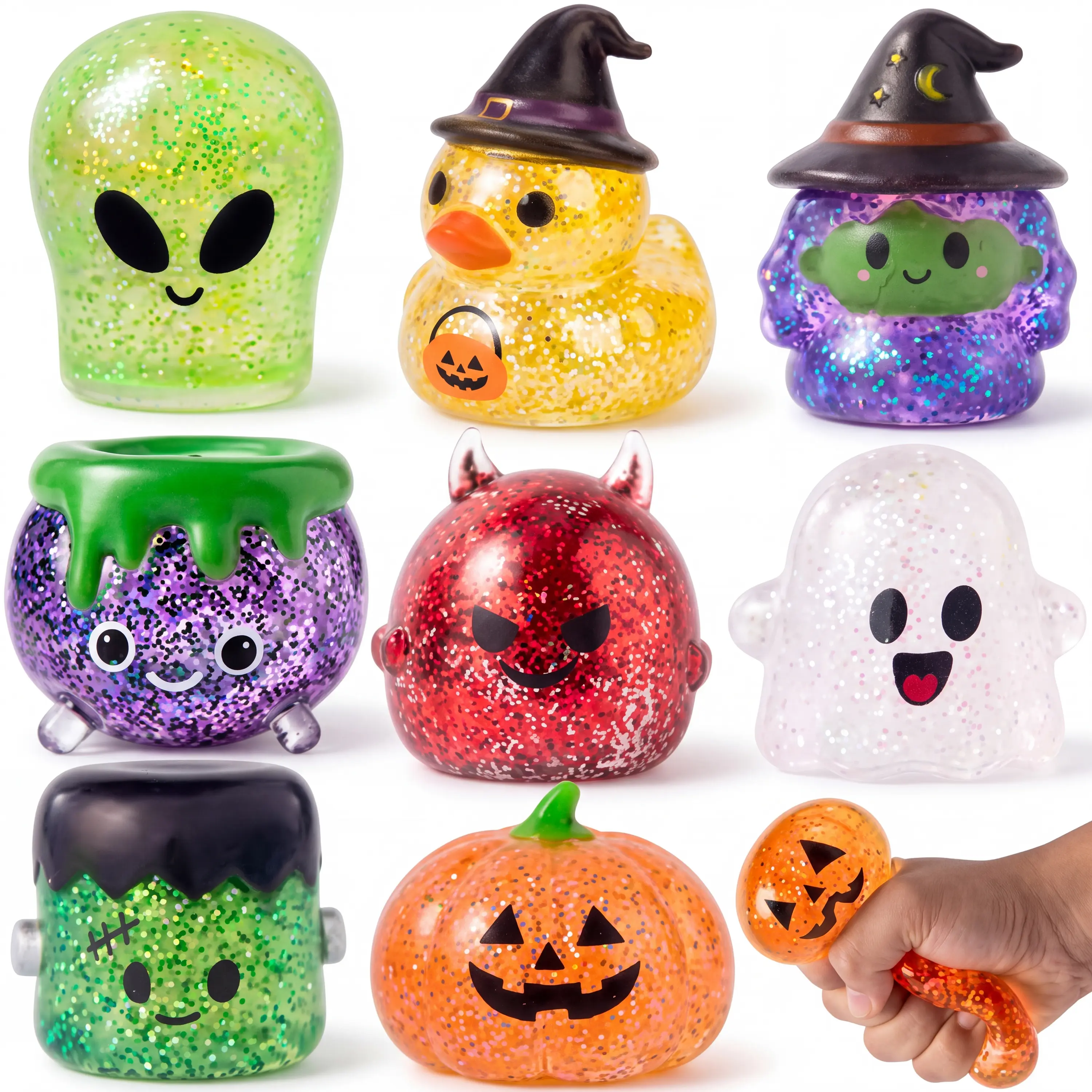 Halloween Stress Relief Toys, 1pcs/3pcs/8pcs, 8 Designs Squishy Party Favors，Slow-rebound maltose squishy toys" . ideal for Halloween party gifts