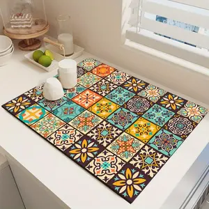 Bohemian-style Drying Mat - Super Absorbent, Quick-drying, Non-slip, Heat-resistant Diatomaceous Earth Countertop Mat, Retro Mosaic Floor Mat, Suitable for Dining Tables, Coffee Machines, Washing Machines, Kitchens, Bathrooms, Stylish Home Decor