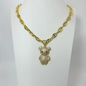 22 Inches Long Chain with Bear Pendant - Gold Plated, Rhinestone Embellished, Fashionable Accessory for Women