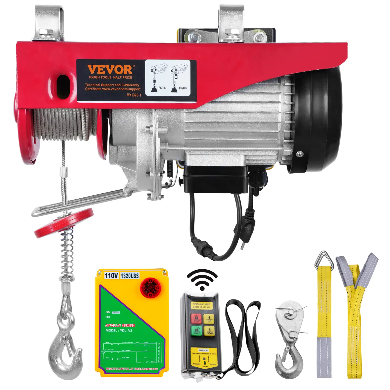 【Summerfinds】VEVOR Heavy Duty Industrial Electric Hoist - 1320 lbs Capacity, 1150W 110V Pure Copper Motor Steel Wire Winch, Wireless Remote, 40ft Single Cable Height, Tools & Gadgets for Garage, Warehouse Work with Lawn Mowers, Boulders, Ships Handling