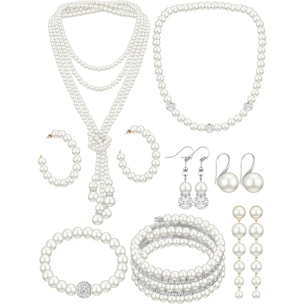 8 Pcs Pearl Necklace and Earrings Set for Women Faux Pearl Bracelets Costume Jewelry Set for Wedding Bridal Shower Graduation Birthdays Dance Balls Party Mother's Day Gifts