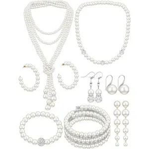 8 Pcs Pearl Necklace and Earrings Set for Women Faux Pearl Bracelets Costume Jewelry Set for Wedding Bridal Shower Graduation Birthdays Dance Balls Party Mother's Day Gifts