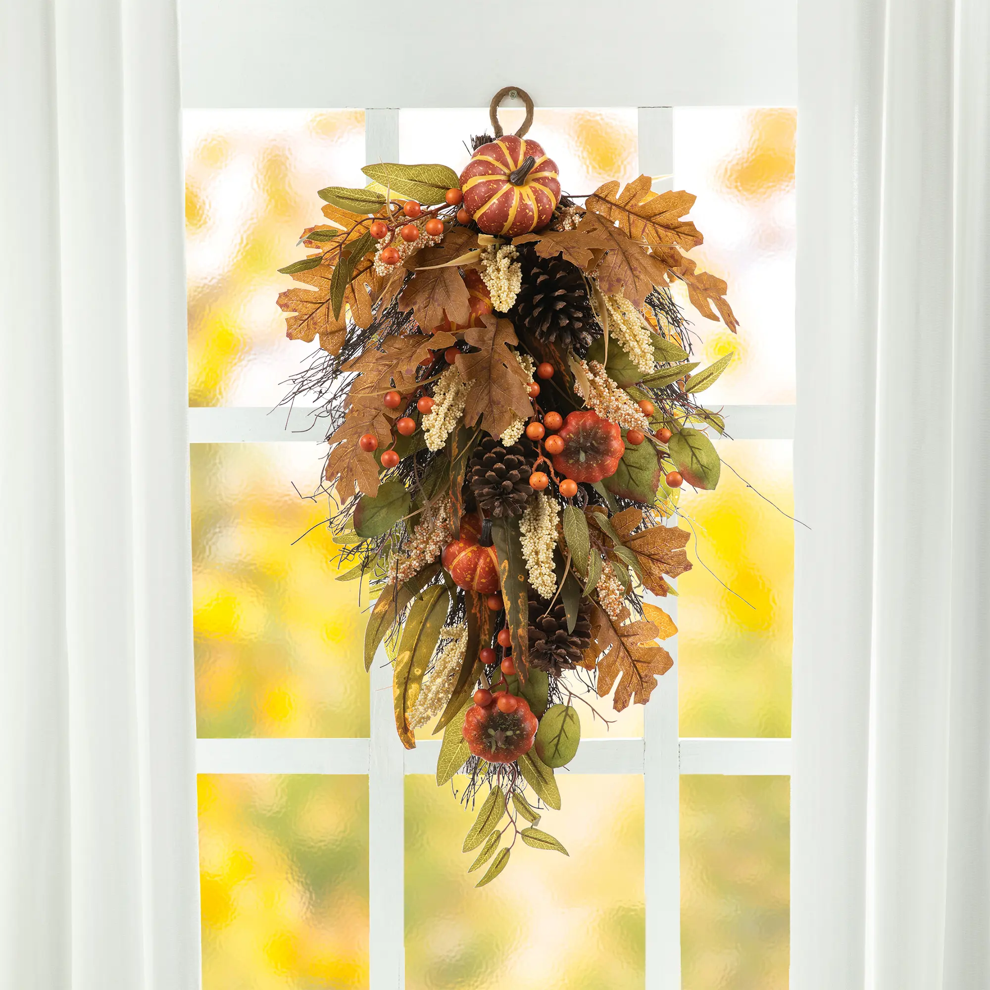 Glitzhome 27"H Plastic Fall Pumpkin Leaf Teardrop Wreath, Nature-Inspired Home Decor Ornaments, 27 In