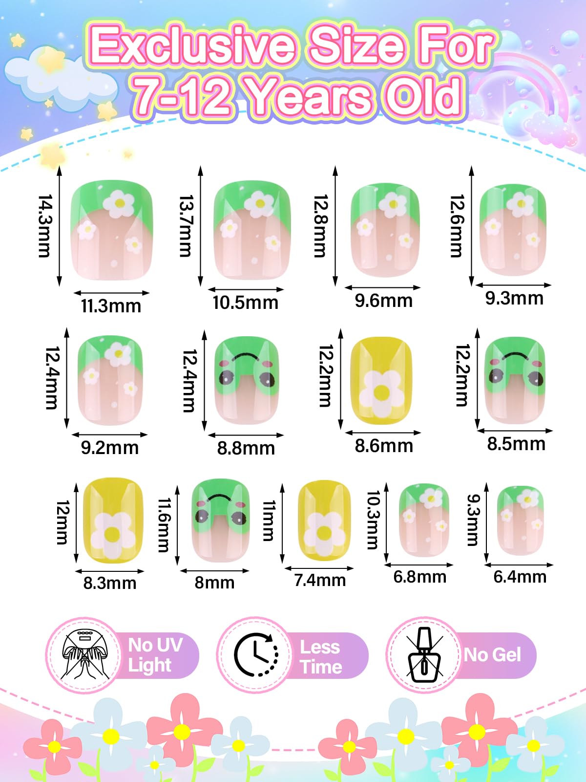 EBANKU 78 Pcs Press on Nail Kids, Frog 3 Pack Children Fake Nail Kit Full Cover Short False Fingernails with Nail Glue Nail Tools for Girl Nail Decoration