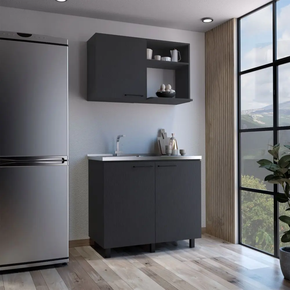 Alexandria 2 Piece Kitchen Set, Wall Cabinet + Utility Sink, Black Wengue Finish