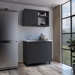 Alexandria 2 Piece Kitchen Set, Wall Cabinet + Utility Sink, Black Wengue Finish