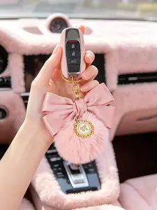 4 Color Options Satin Bow Keychain Bag Charm, Sweet French Style, Faux Rabbit Fur Soft Velvet Pearl Rhinestone Tag, Women's Handbag Backpack Car Key Accessory