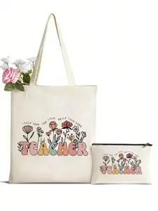 Letter Print Handbag, Teacher Festival Gift, Floral Pattern, Personalized Wedding Bag, Makeup Pouch, Lightweight Shopping Bag, Multifunctional Storage Bag