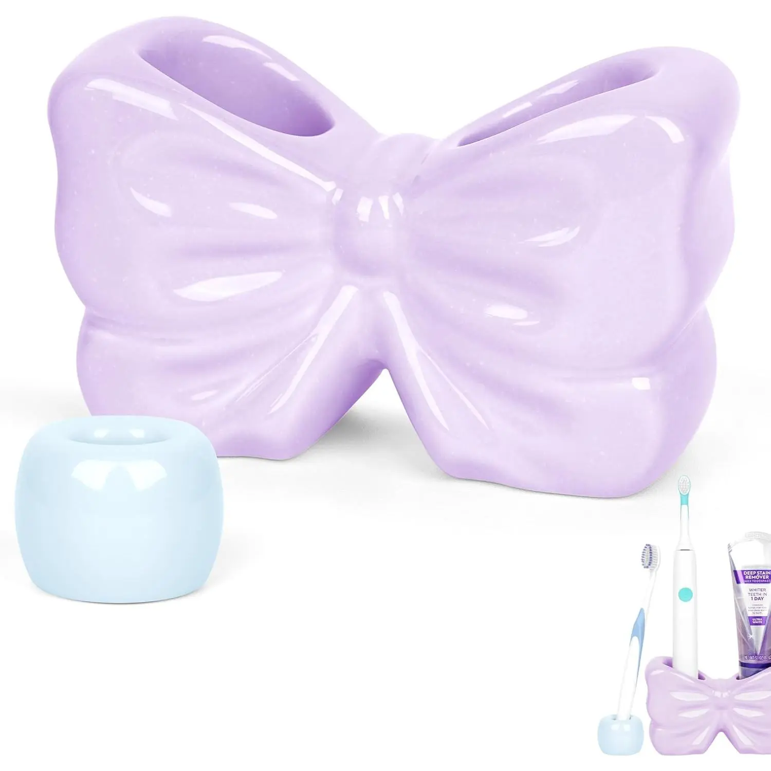 Ceramic Round Traditional 2-Piece Bow Toothbrush & Toothpaste Holder Set, Purple Bathroom Countertop Accessory for Electric Toothbrushes & Replacement Heads, Two Piece Sets