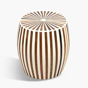 Handcrafted Moroccan White & Walnut Barrel Side Table