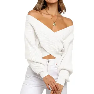 Women's Comfy Off-The-Shoulder V-Neck Lantern Long Sleeve Ribbed Knit Fabric Wrap Cropped Knitwear, 2026 Winter Fall Everyday Fashion Tops